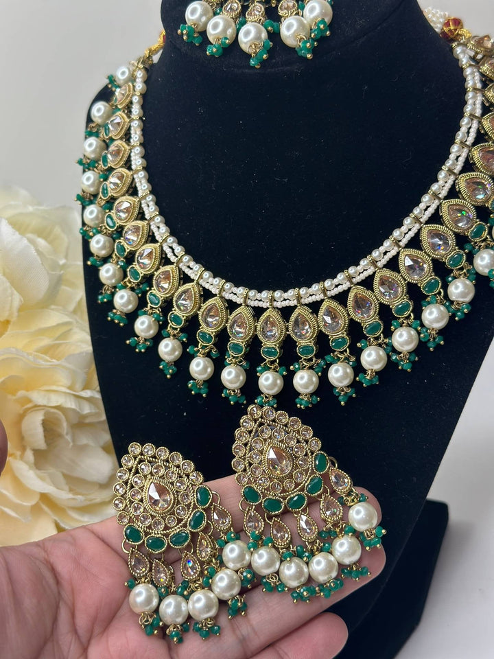 Izhaar Indian Green Color Polki Reverse AD Necklace with Earrings Tikka/ Wedding Jewelry/ Traditional Jewelry/Wedding/Reverse AD.