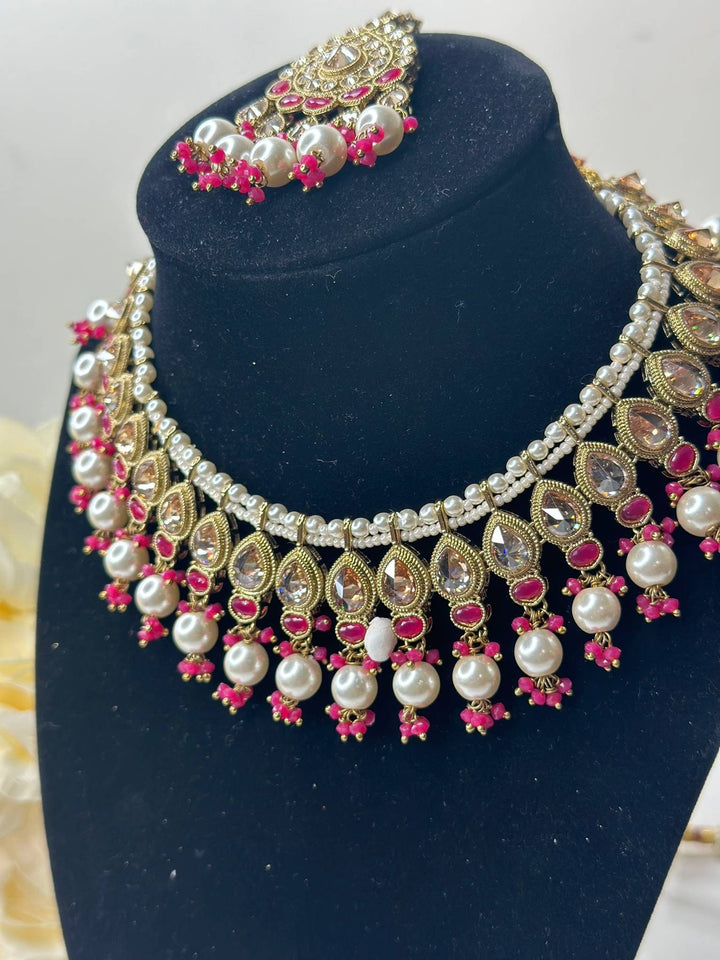 Izhaar Indian Pink Color Polki Reverse AD Necklace with Earrings Tikka/ Wedding Jewelry/ Traditional Jewelry/Wedding/Reverse AD.