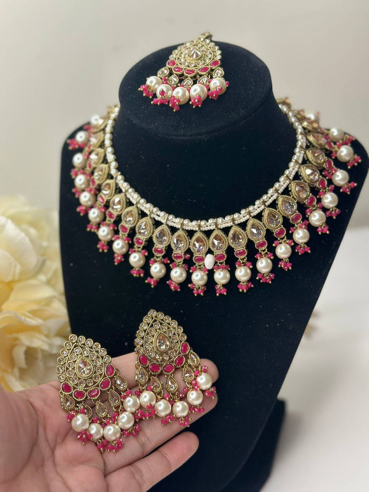 Izhaar Indian Pink Color Polki Reverse AD Necklace with Earrings Tikka/ Wedding Jewelry/ Traditional Jewelry/Wedding/Reverse AD.