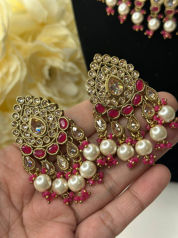 Izhaar Indian Pink Color Polki Reverse AD Necklace with Earrings Tikka/ Wedding Jewelry/ Traditional Jewelry/Wedding/Reverse AD.