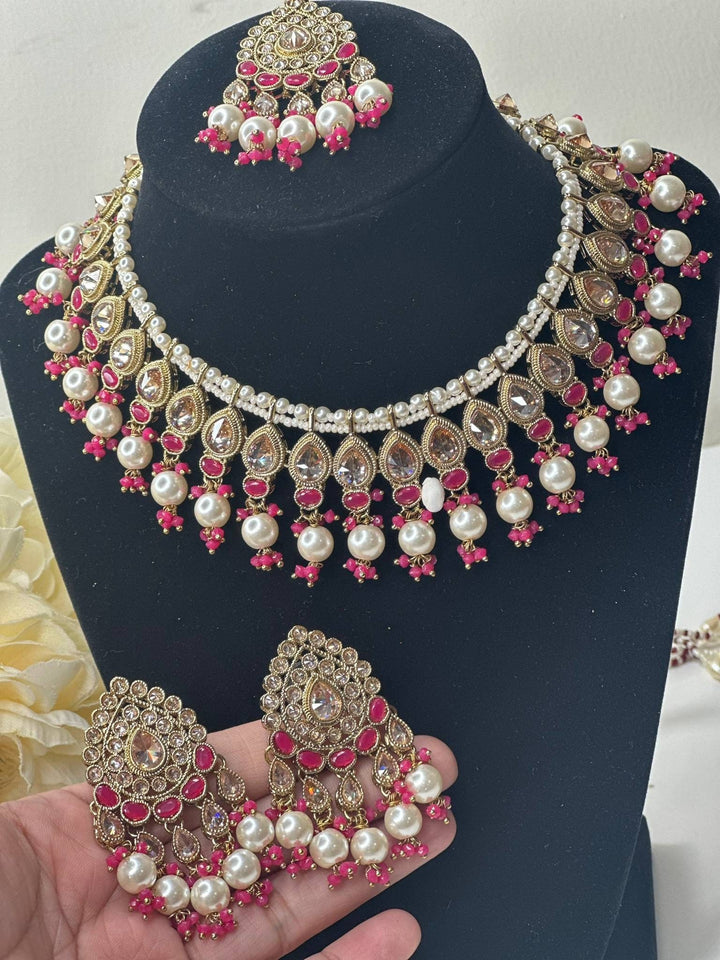 Izhaar Indian Pink Color Polki Reverse AD Necklace with Earrings Tikka/ Wedding Jewelry/ Traditional Jewelry/Wedding/Reverse AD.