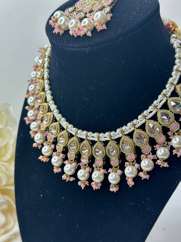 Izhaar Indian Peach Color Polki Reverse AD Necklace with Earrings Tikka/ Wedding Jewelry/ Traditional Jewelry/Wedding/Reverse AD.