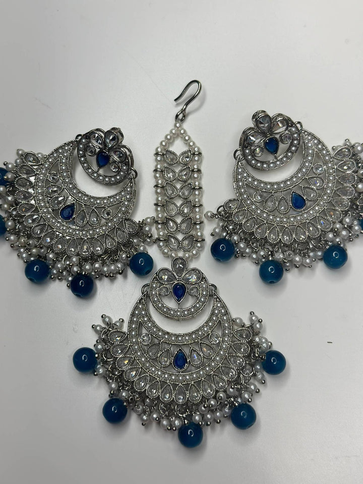 Izhaar Indian Blue Color Polki Reverse AD Necklace with Earrings Tikka/ Wedding Jewelry/ Traditional Jewelry/Wedding/Reverse AD.