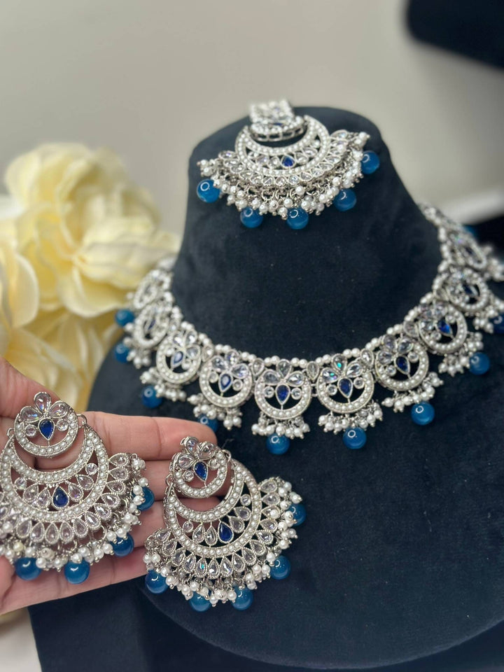 Izhaar Indian Blue Color Polki Reverse AD Necklace with Earrings Tikka/ Wedding Jewelry/ Traditional Jewelry/Wedding/Reverse AD.