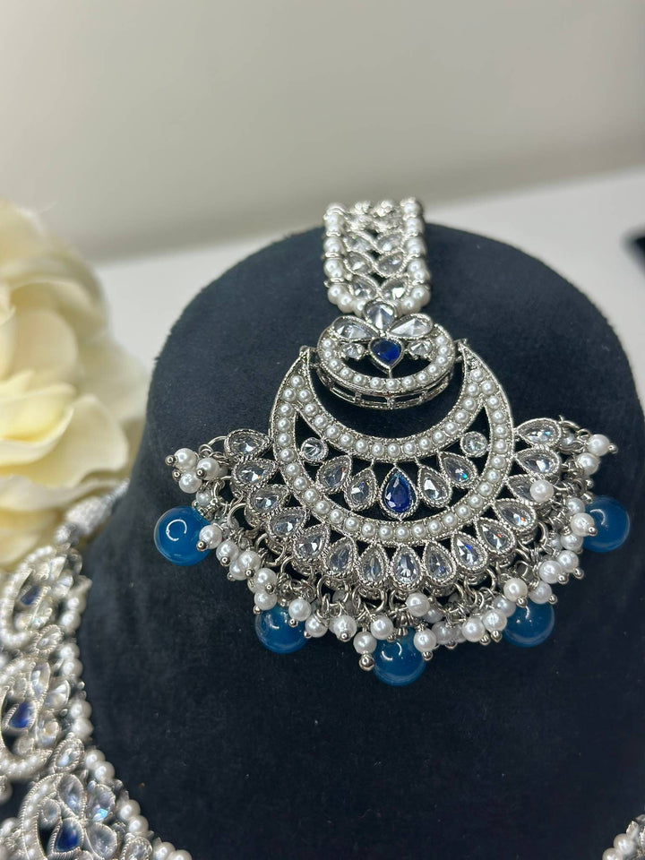 Izhaar Indian Blue Color Polki Reverse AD Necklace with Earrings Tikka/ Wedding Jewelry/ Traditional Jewelry/Wedding/Reverse AD.