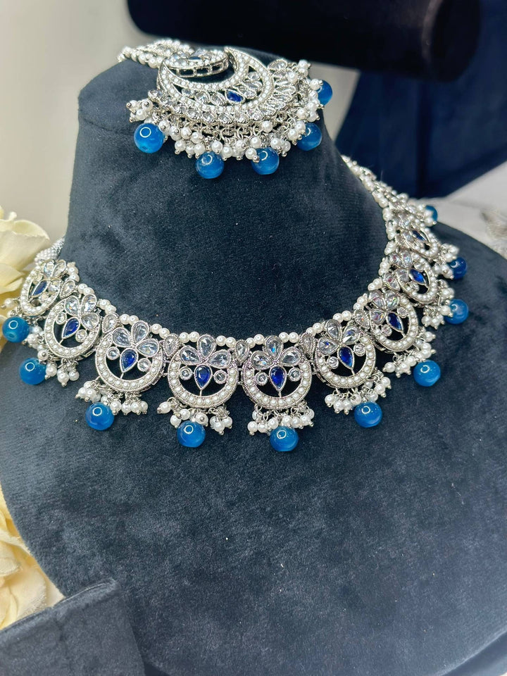 Izhaar Indian Blue Color Polki Reverse AD Necklace with Earrings Tikka/ Wedding Jewelry/ Traditional Jewelry/Wedding/Reverse AD.
