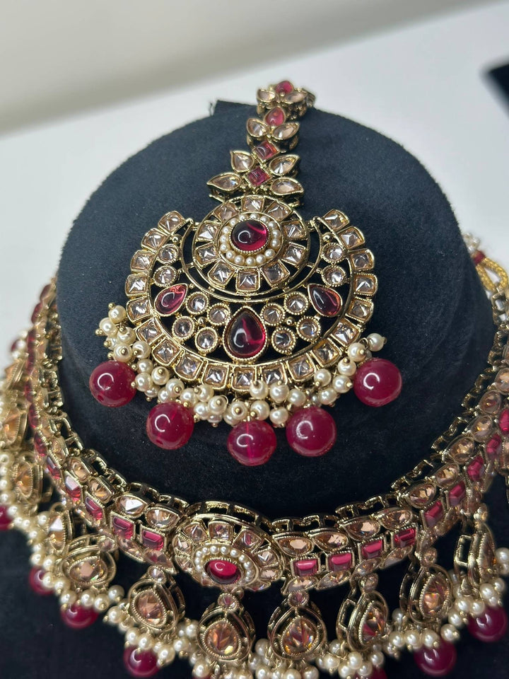 Izhaar Indian Pink Color Polki Reverse AD Necklace with Earrings Tikka/ Wedding Jewelry/ Traditional Jewelry/Wedding/Reverse AD.