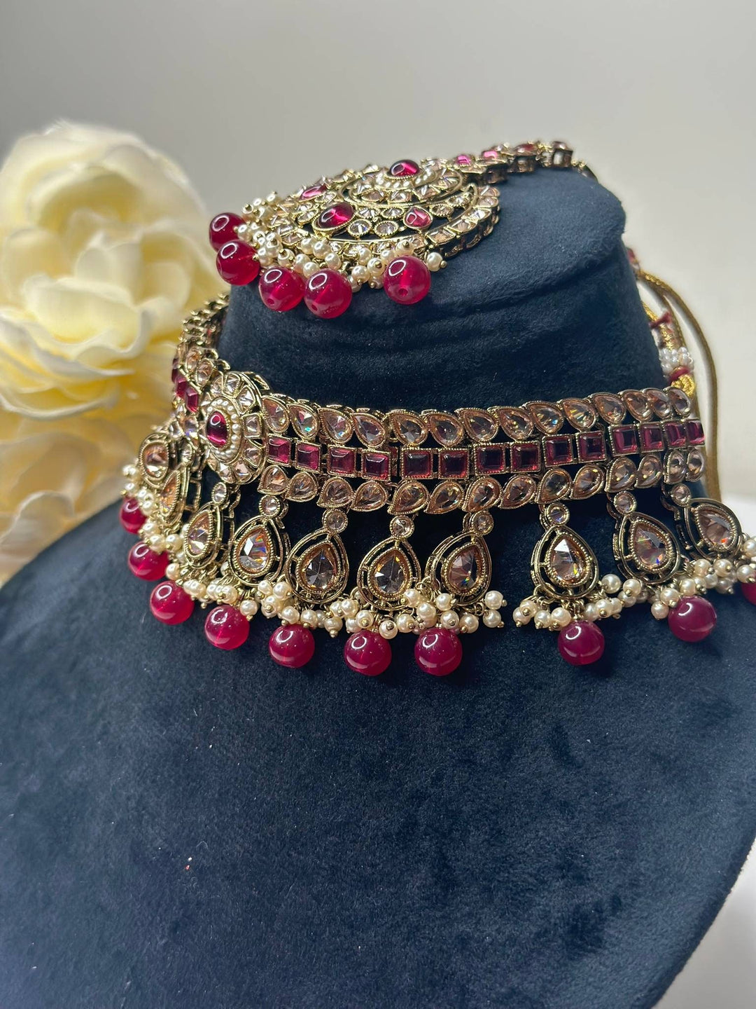 Izhaar Indian Pink Color Polki Reverse AD Necklace with Earrings Tikka/ Wedding Jewelry/ Traditional Jewelry/Wedding/Reverse AD.