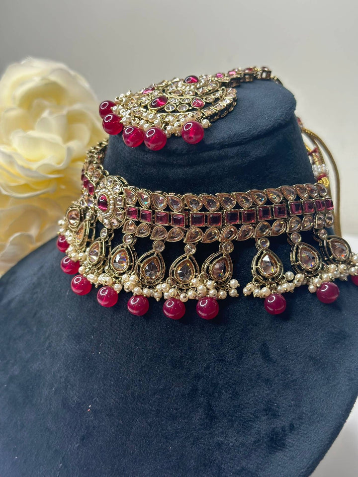 Izhaar Indian Pink Color Polki Reverse AD Necklace with Earrings Tikka/ Wedding Jewelry/ Traditional Jewelry/Wedding/Reverse AD.