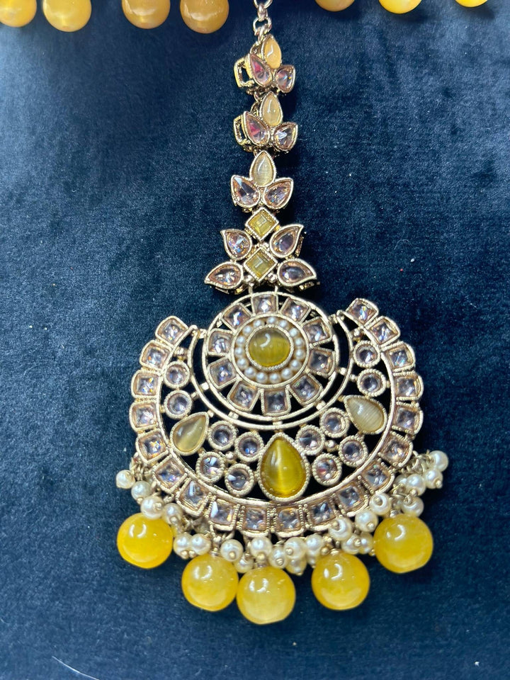 Izhaar Indian Yellow Color Polki Reverse AD Necklace with Earrings Tikka/ Wedding Jewelry/ Traditional Jewelry/Wedding/Reverse AD.