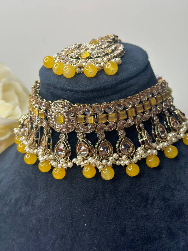 Izhaar Indian Yellow Color Polki Reverse AD Necklace with Earrings Tikka/ Wedding Jewelry/ Traditional Jewelry/Wedding/Reverse AD.