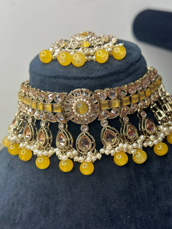 Izhaar Indian Yellow Color Polki Reverse AD Necklace with Earrings Tikka/ Wedding Jewelry/ Traditional Jewelry/Wedding/Reverse AD.