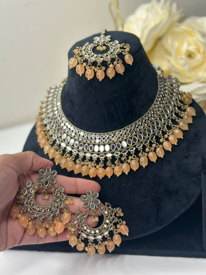 Izhaar Indian Peach Polki Kundan Necklace with Earrings Tikka / Wedding Jewelry/ Traditional Jewelry/ Sheesha Kundan/ Indian Pakistani set