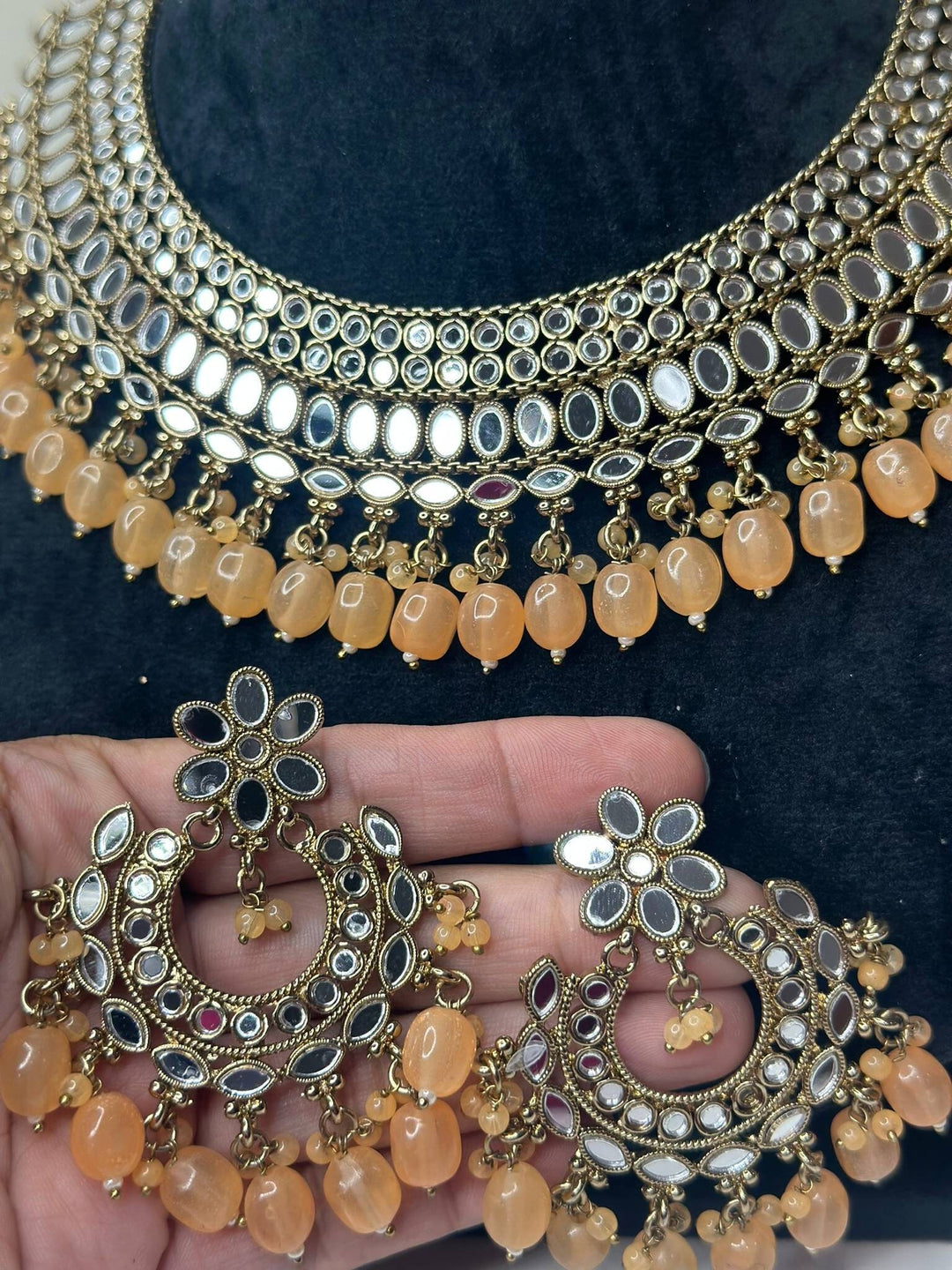 Izhaar Indian Peach Polki Kundan Necklace with Earrings Tikka / Wedding Jewelry/ Traditional Jewelry/ Sheesha Kundan/ Indian Pakistani set