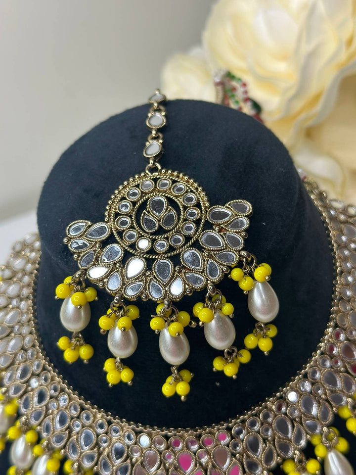 Izhaar Indian Yellow Polki Kundan Necklace with Earrings Tikka / Wedding Jewelry/ Traditional Jewelry/ Sheesha Kundan/ Indian Pakistani set