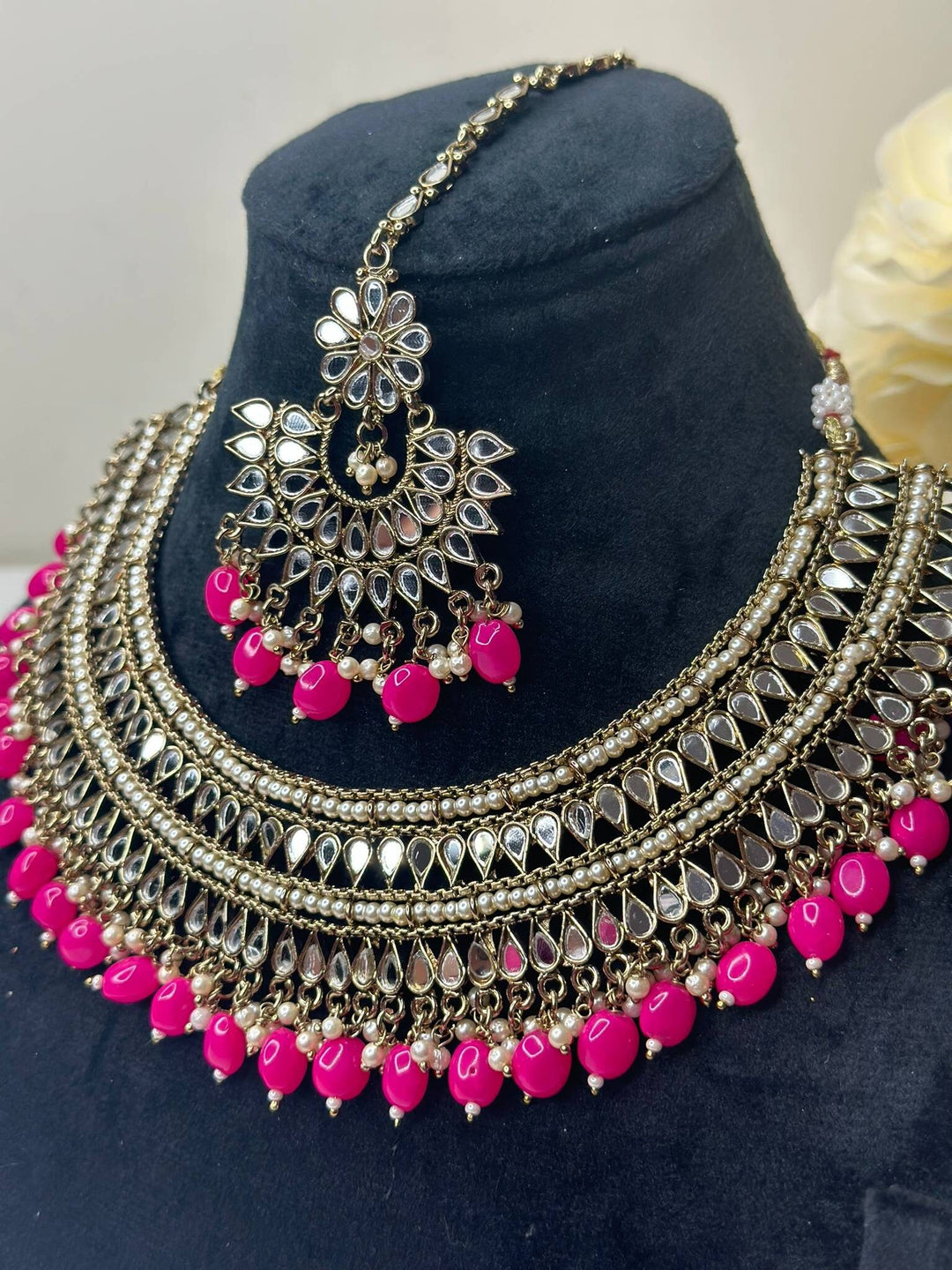 Izhaar Indian Pink Polki Kundan Necklace with Earrings Tikka / Wedding Jewelry/ Traditional Jewelry/ Sheesha Kundan/ Indian Pakistani set
