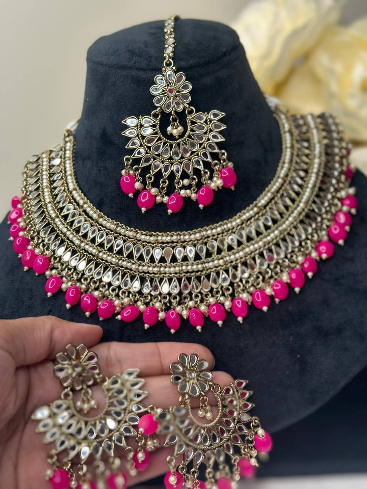 Izhaar Indian Pink Polki Kundan Necklace with Earrings Tikka / Wedding Jewelry/ Traditional Jewelry/ Sheesha Kundan/ Indian Pakistani set