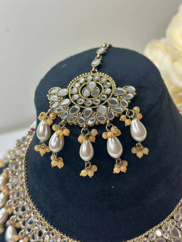 Izhaar Indian Peach Polki Kundan Necklace with Earrings Tikka / Wedding Jewelry/ Traditional Jewelry/ Sheesha Kundan/ Indian Pakistani set