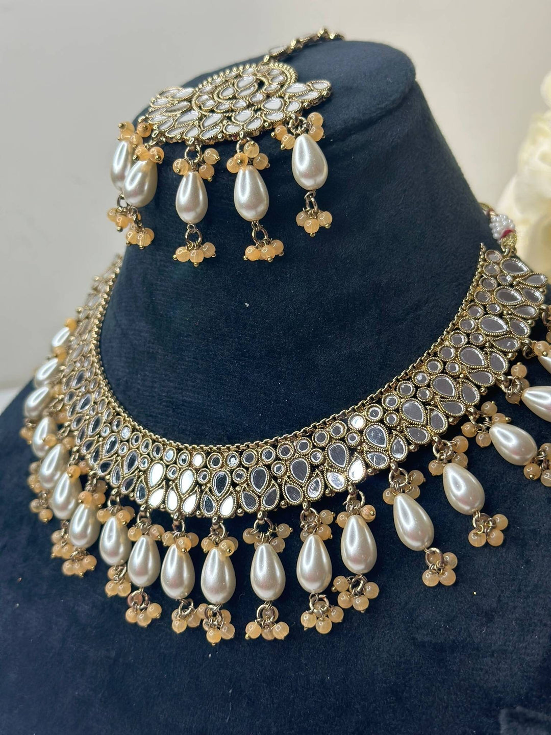 Izhaar Indian Peach Polki Kundan Necklace with Earrings Tikka / Wedding Jewelry/ Traditional Jewelry/ Sheesha Kundan/ Indian Pakistani set