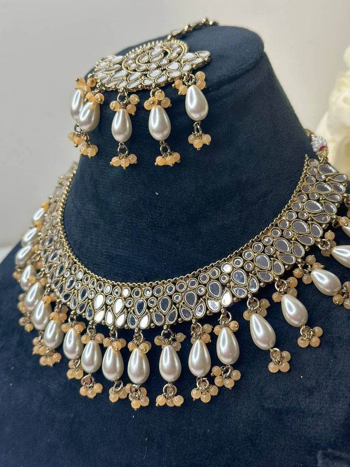 Izhaar Indian Peach Polki Kundan Necklace with Earrings Tikka / Wedding Jewelry/ Traditional Jewelry/ Sheesha Kundan/ Indian Pakistani set