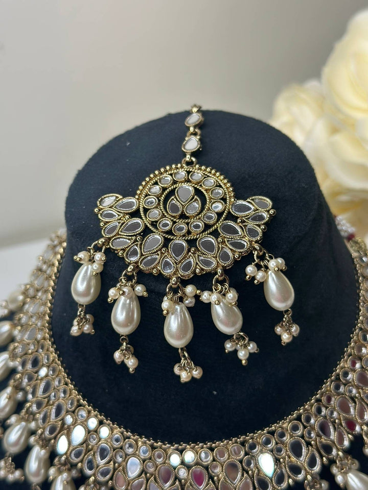 Izhaar Indian White Polki Kundan Necklace with Earrings Tikka / Wedding Jewelry/ Traditional Jewelry/ Sheesha Kundan/ Indian Pakistani set