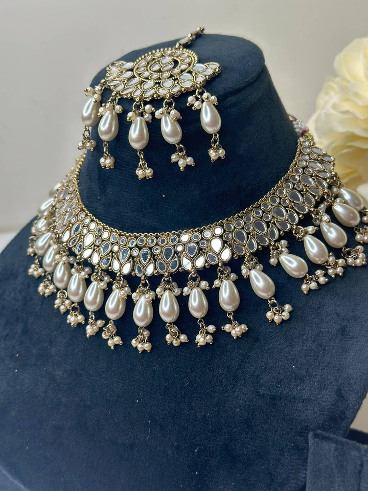 Izhaar Indian White Polki Kundan Necklace with Earrings Tikka / Wedding Jewelry/ Traditional Jewelry/ Sheesha Kundan/ Indian Pakistani set
