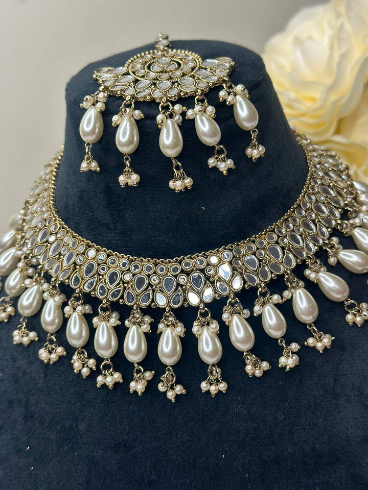 Izhaar Indian White Polki Kundan Necklace with Earrings Tikka / Wedding Jewelry/ Traditional Jewelry/ Sheesha Kundan/ Indian Pakistani set