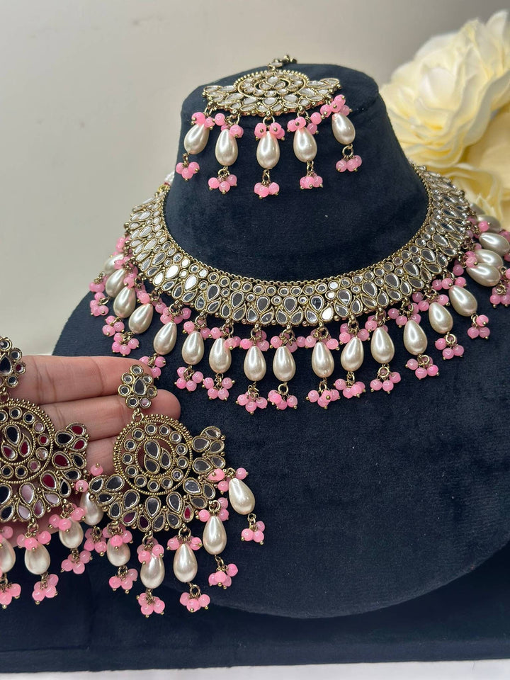 Izhaar Indian L. Pink Polki Kundan Necklace with Earrings Tikka / Wedding Jewelry/ Traditional Jewelry/ Sheesha Kundan/ Indian Pakistani set