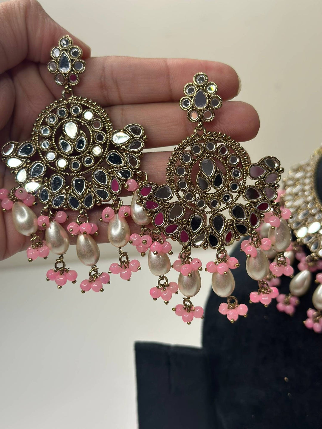 Izhaar Indian L. Pink Polki Kundan Necklace with Earrings Tikka / Wedding Jewelry/ Traditional Jewelry/ Sheesha Kundan/ Indian Pakistani set