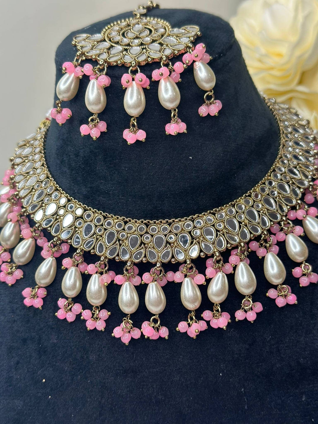 Izhaar Indian L. Pink Polki Kundan Necklace with Earrings Tikka / Wedding Jewelry/ Traditional Jewelry/ Sheesha Kundan/ Indian Pakistani set
