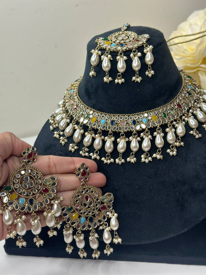 Izhaar Indian Multi Polki Kundan Necklace with Earrings Tikka / Wedding Jewelry/ Traditional Jewelry/ Sheesha Kundan/ Indian Pakistani set