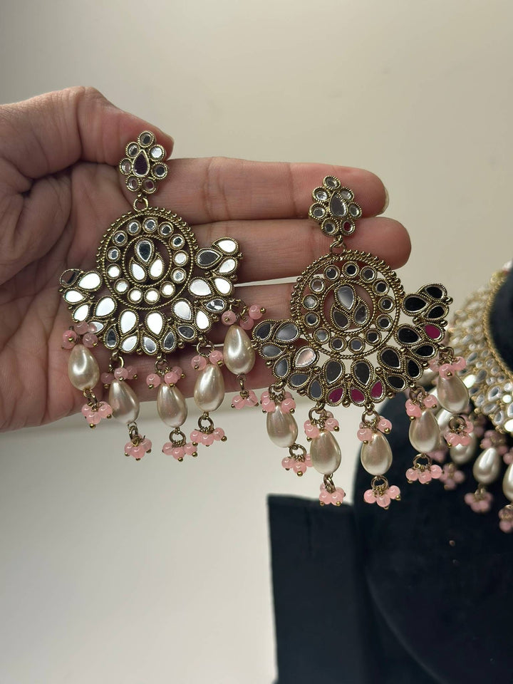 Izhaar Indian B. Pink Polki Kundan Necklace with Earrings Tikka / Wedding Jewelry/ Traditional Jewelry/ Sheesha Kundan/ Indian Pakistani set