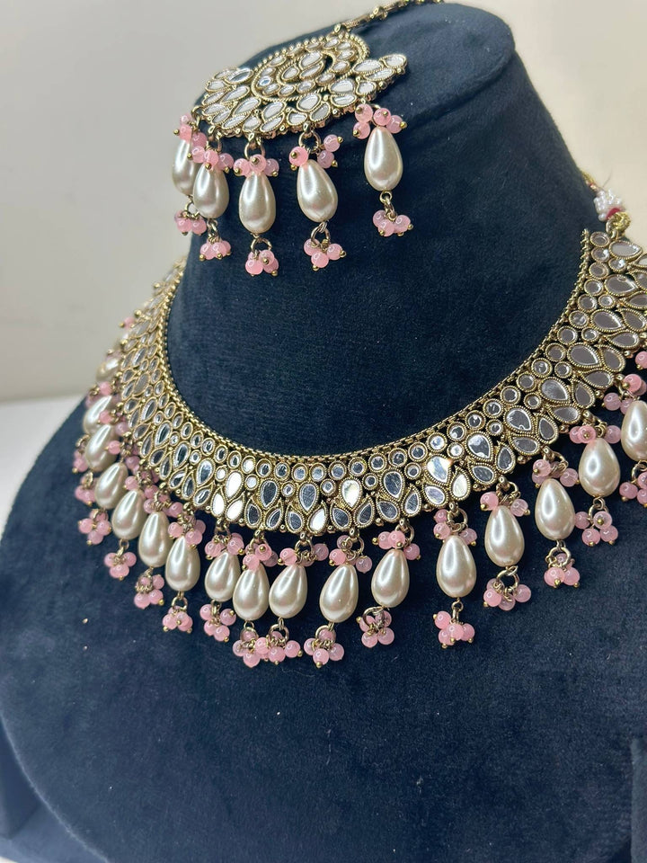 Izhaar Indian B. Pink Polki Kundan Necklace with Earrings Tikka / Wedding Jewelry/ Traditional Jewelry/ Sheesha Kundan/ Indian Pakistani set