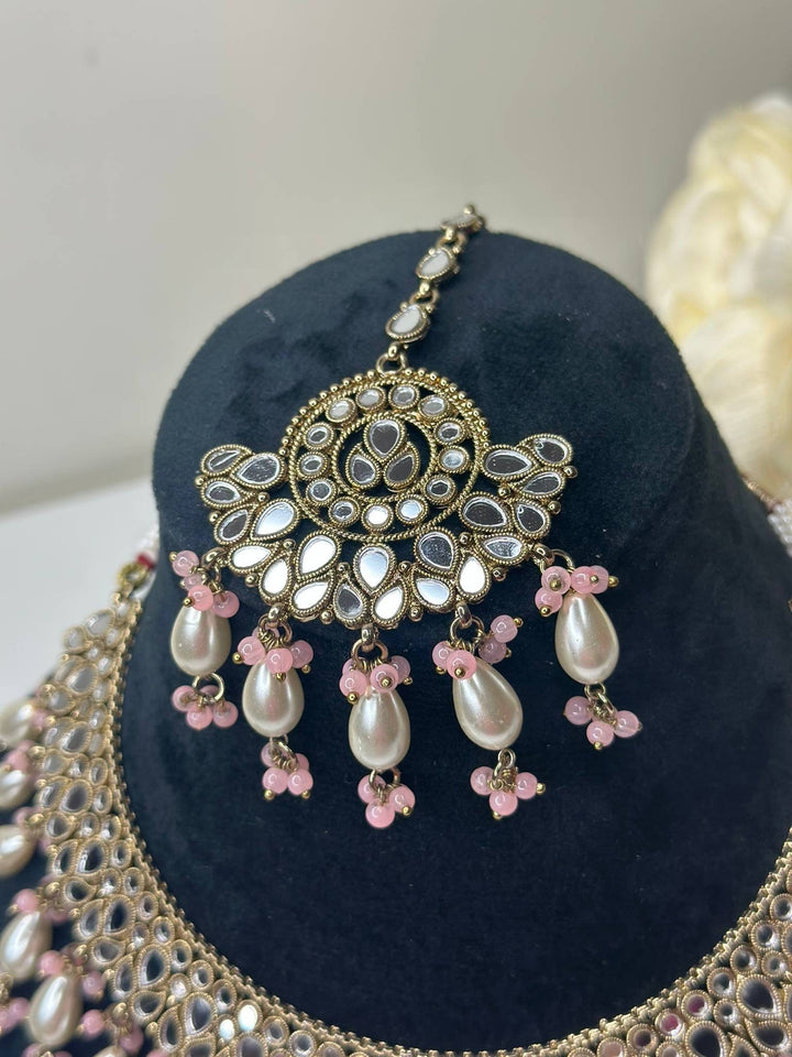 Izhaar Indian B. Pink Polki Kundan Necklace with Earrings Tikka / Wedding Jewelry/ Traditional Jewelry/ Sheesha Kundan/ Indian Pakistani set