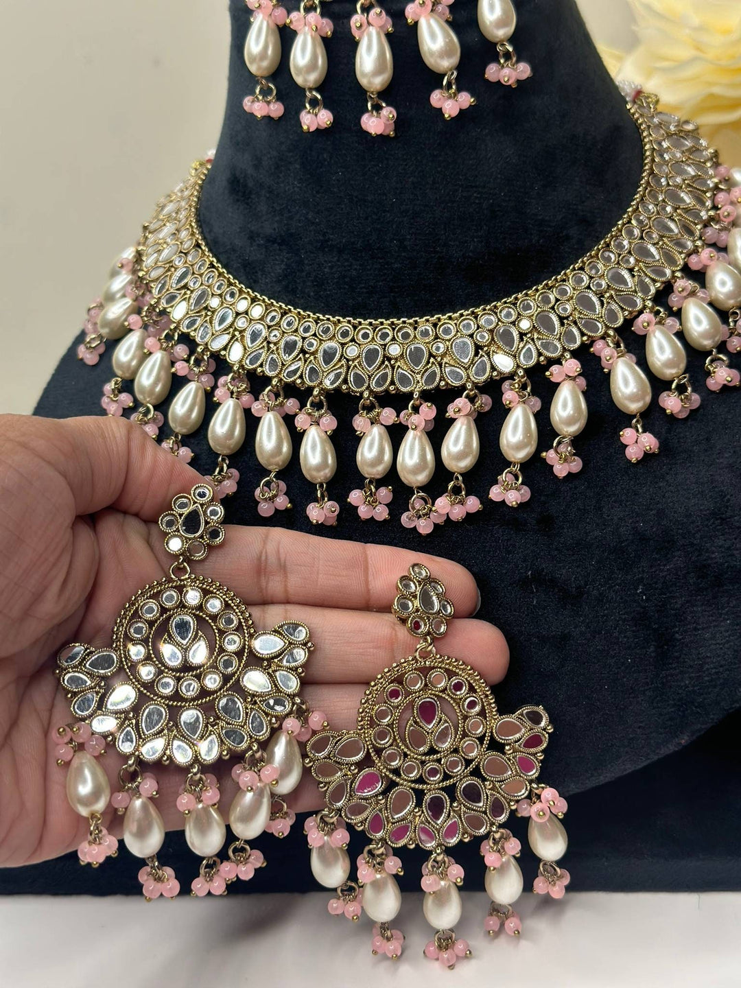 Izhaar Indian B. Pink Polki Kundan Necklace with Earrings Tikka / Wedding Jewelry/ Traditional Jewelry/ Sheesha Kundan/ Indian Pakistani set