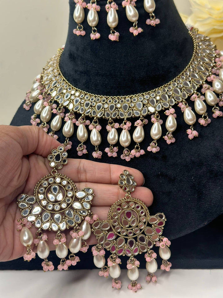 Izhaar Indian B. Pink Polki Kundan Necklace with Earrings Tikka / Wedding Jewelry/ Traditional Jewelry/ Sheesha Kundan/ Indian Pakistani set