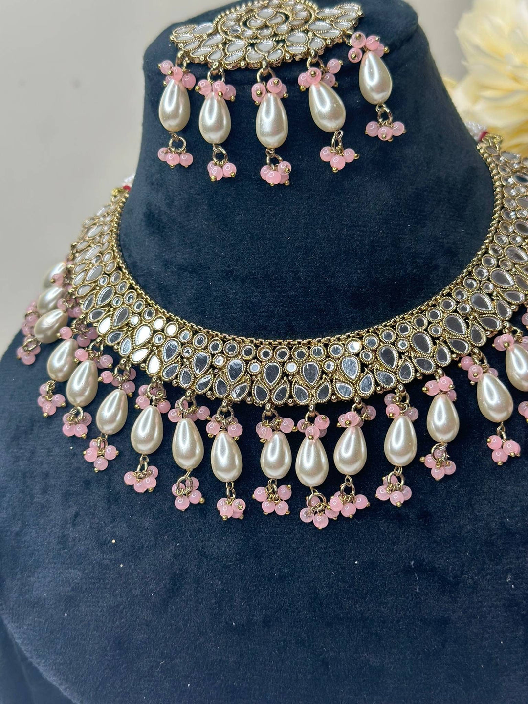 Izhaar Indian B. Pink Polki Kundan Necklace with Earrings Tikka / Wedding Jewelry/ Traditional Jewelry/ Sheesha Kundan/ Indian Pakistani set