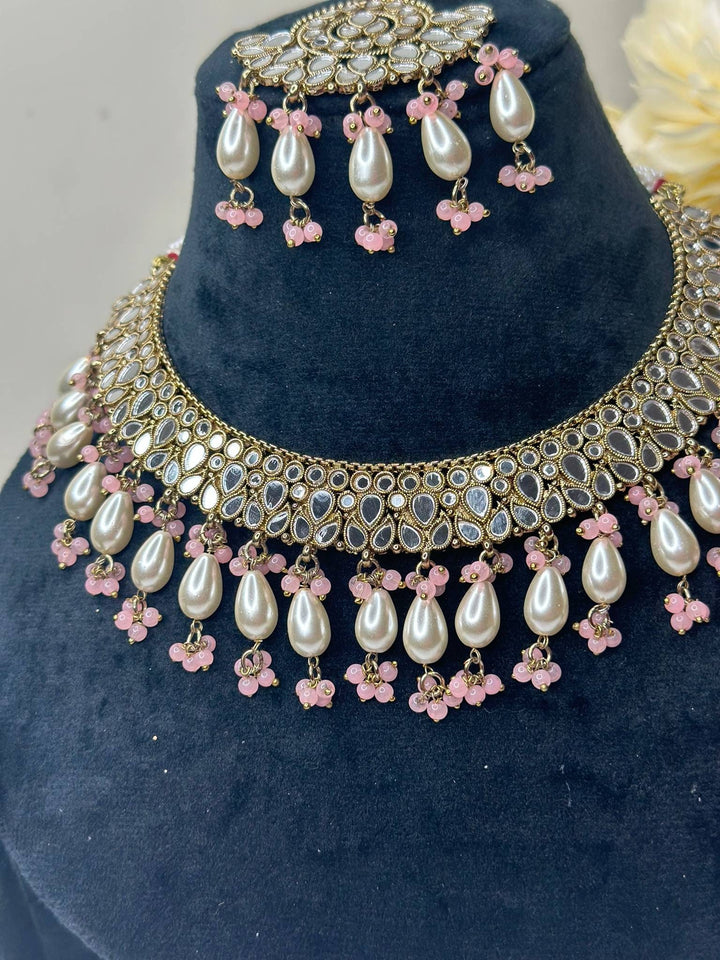 Izhaar Indian B. Pink Polki Kundan Necklace with Earrings Tikka / Wedding Jewelry/ Traditional Jewelry/ Sheesha Kundan/ Indian Pakistani set