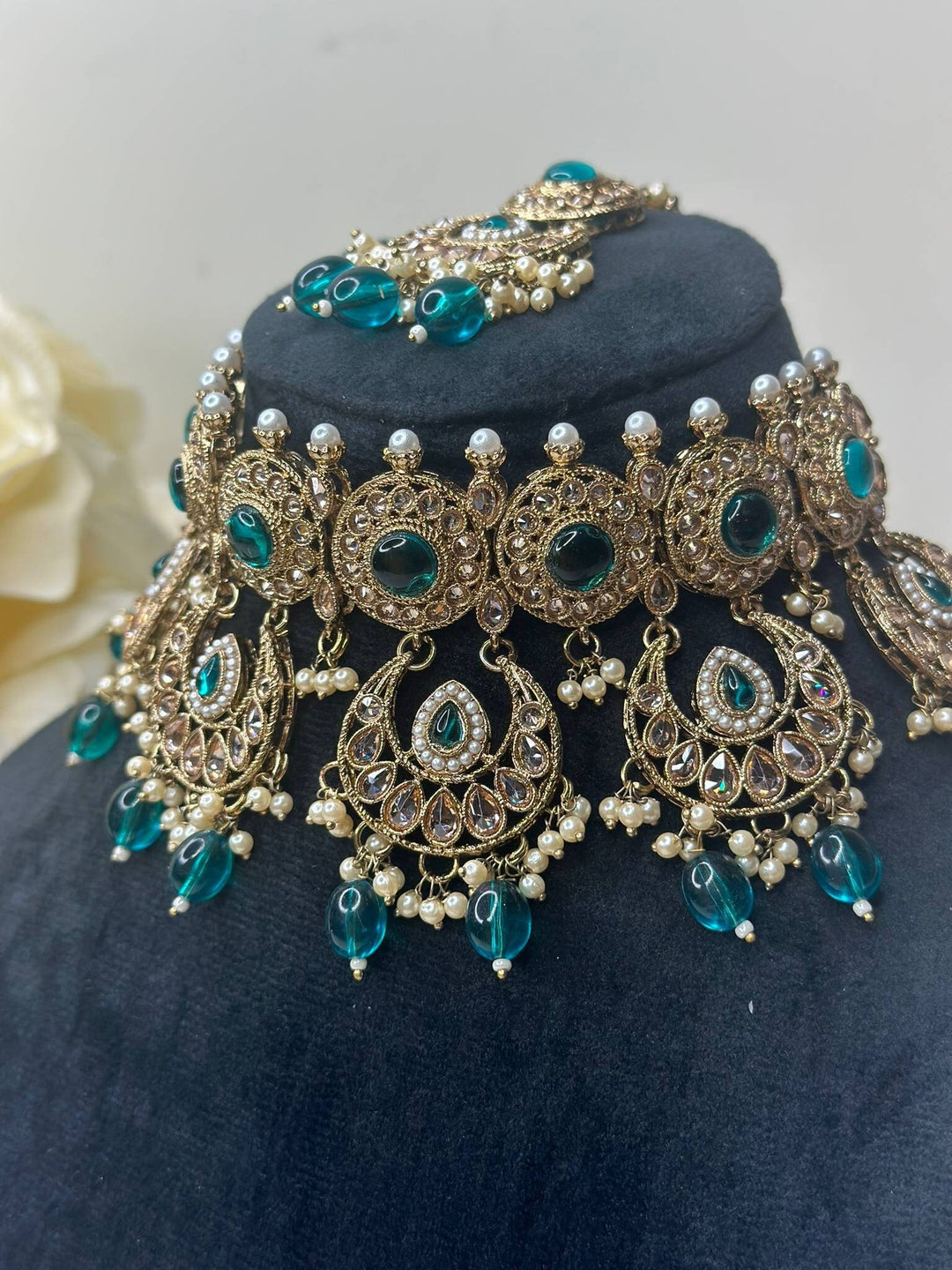 Izhaar Indian Radium Color Polki Reverse AD Necklace with Earrings Tikka/ Wedding Jewelry/ Traditional Jewelry/Wedding/Reverse AD.