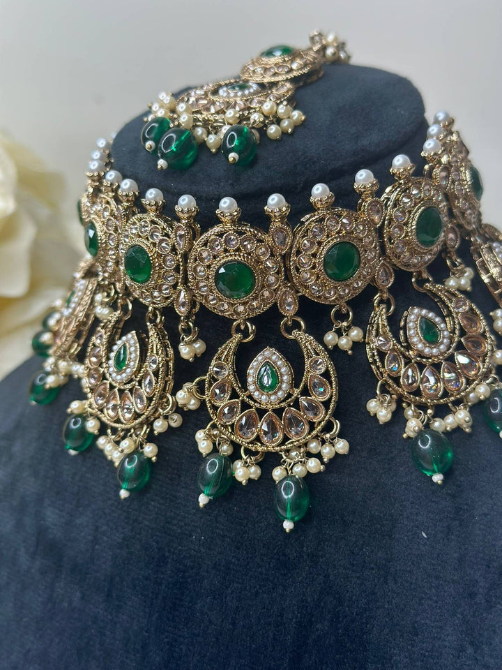 Izhaar Indian Green Color Polki Reverse AD Necklace with Earrings Tikka/ Wedding Jewelry/ Traditional Jewelry/Wedding/Reverse AD.