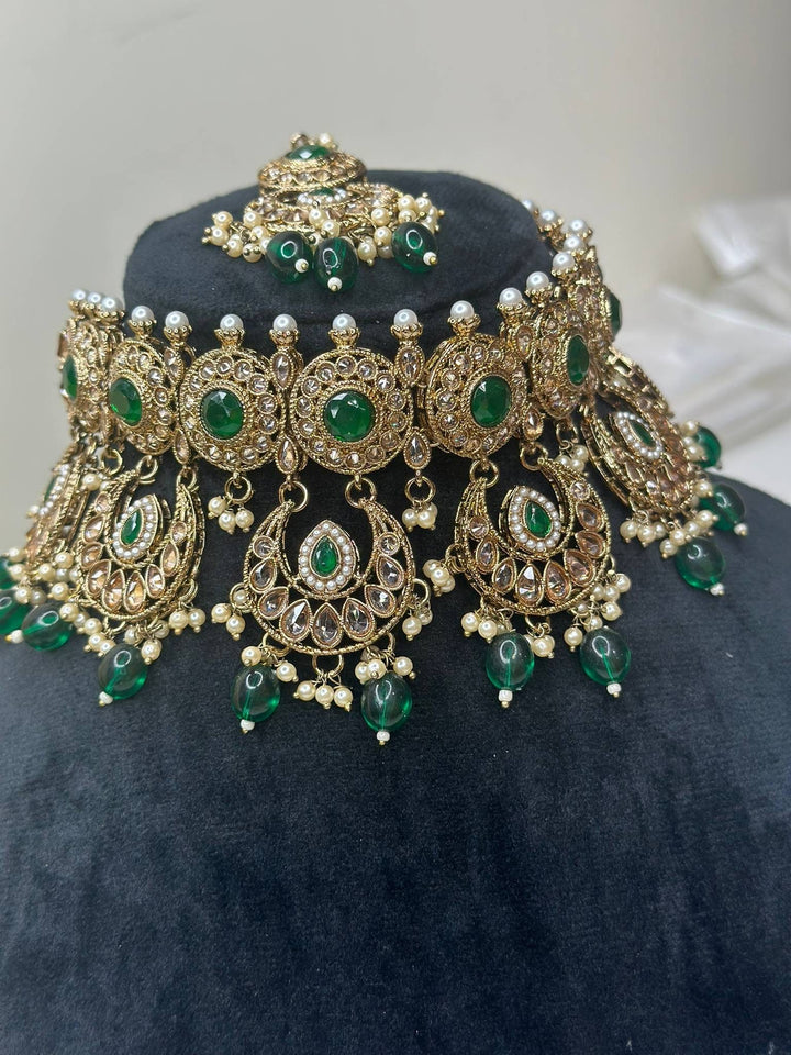 Izhaar Indian Green Color Polki Reverse AD Necklace with Earrings Tikka/ Wedding Jewelry/ Traditional Jewelry/Wedding/Reverse AD.