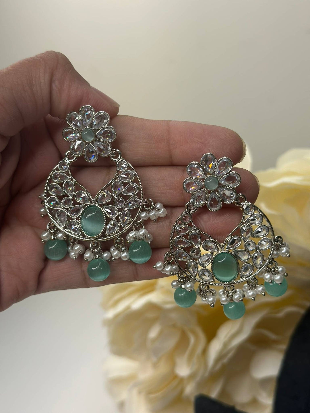 Izhaar Indian Mint Color Polki Reverse AD Necklace with Earrings Tikka/ Wedding Jewelry/ Traditional Jewelry/Wedding/Reverse AD.