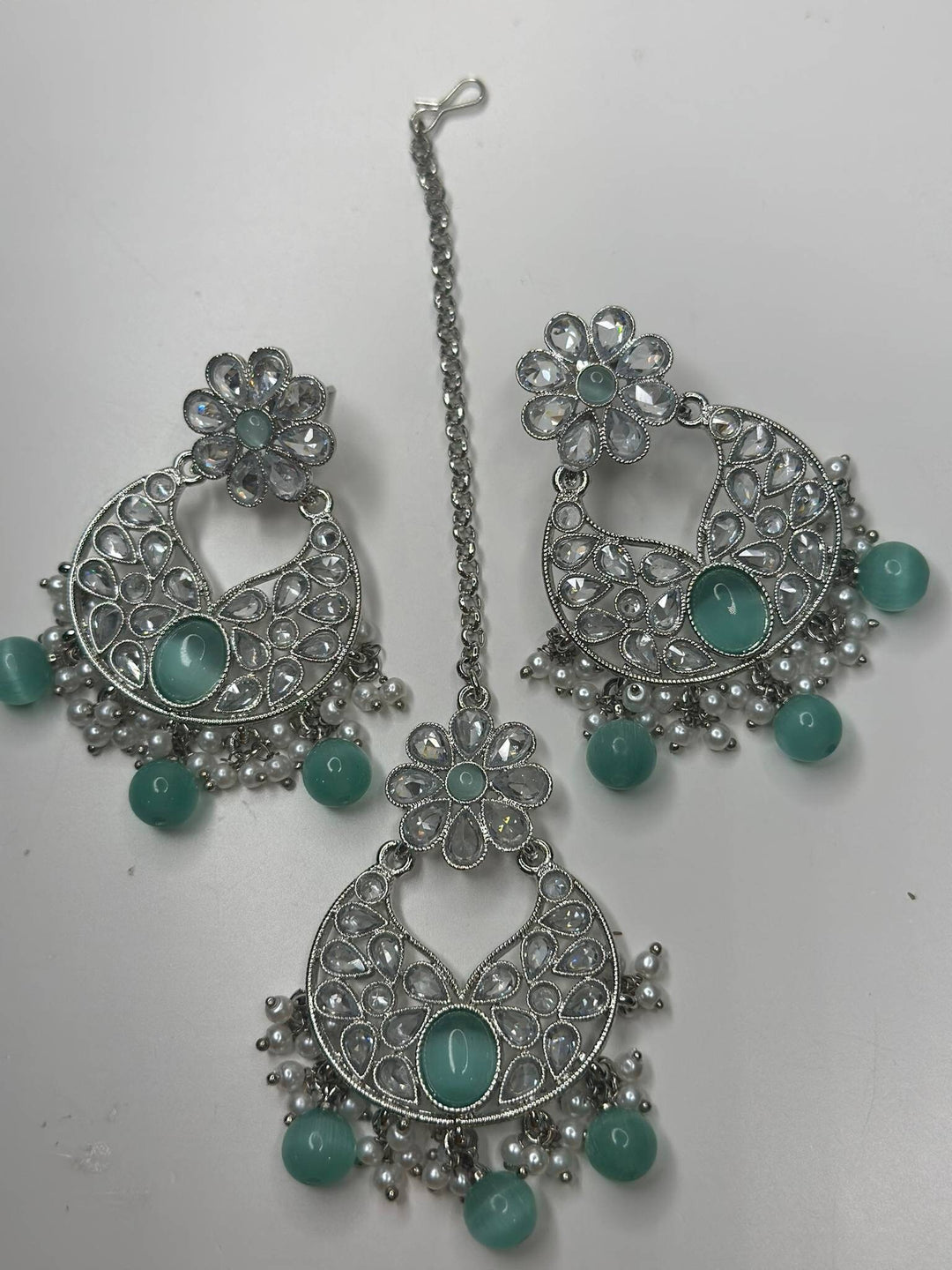 Izhaar Indian Mint Color Polki Reverse AD Necklace with Earrings Tikka/ Wedding Jewelry/ Traditional Jewelry/Wedding/Reverse AD.