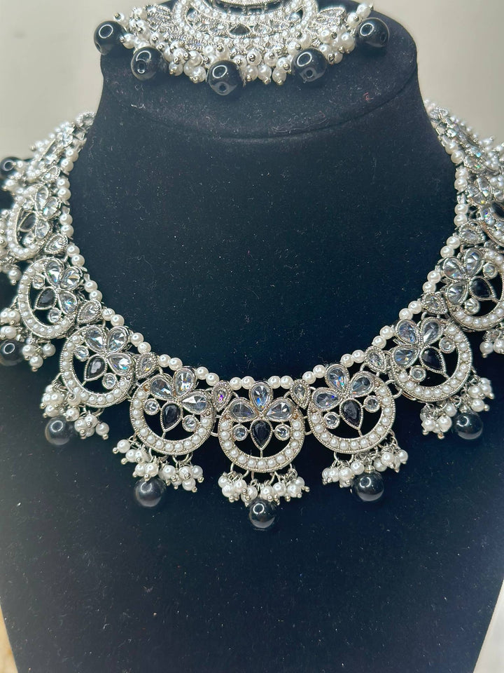 Izhaar Indian Black Color Polki Reverse AD Necklace with Earrings Tikka/ Wedding Jewelry/ Traditional Jewelry/Wedding/Reverse AD.