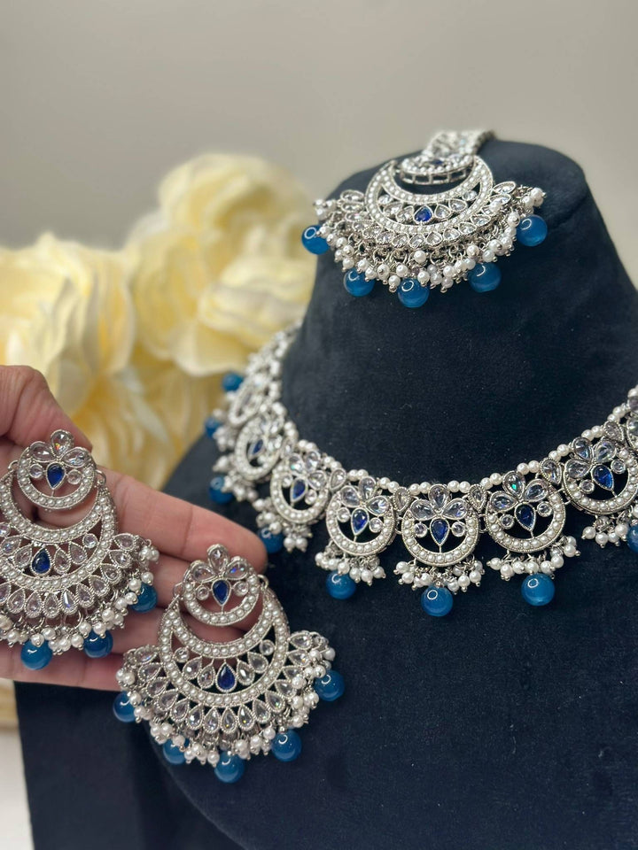 Izhaar Indian Blue Color Polki Reverse AD Necklace with Earrings Tikka/ Wedding Jewelry/ Traditional Jewelry/Wedding/Reverse AD.