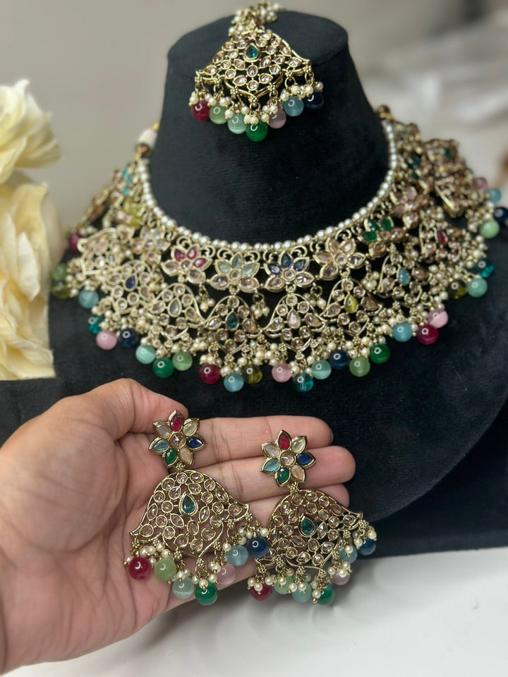 Izhaar Indian Multi Color Polki Reverse AD Necklace with Earrings Tikka/ Wedding Jewelry/ Traditional Jewelry/Wedding/Reverse AD.