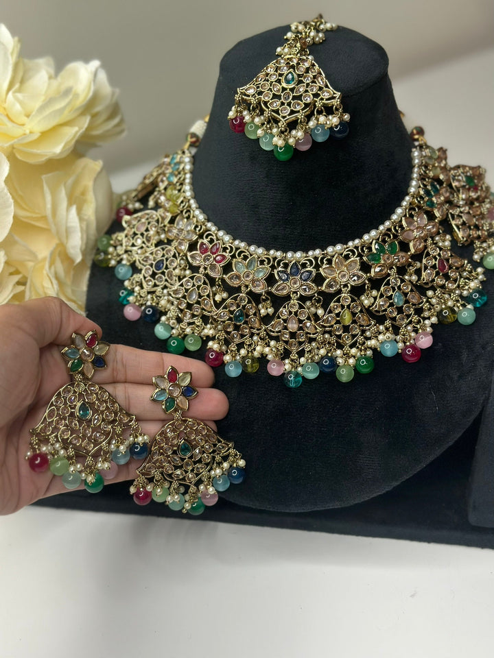 Izhaar Indian Multi Color Polki Reverse AD Necklace with Earrings Tikka/ Wedding Jewelry/ Traditional Jewelry/Wedding/Reverse AD.