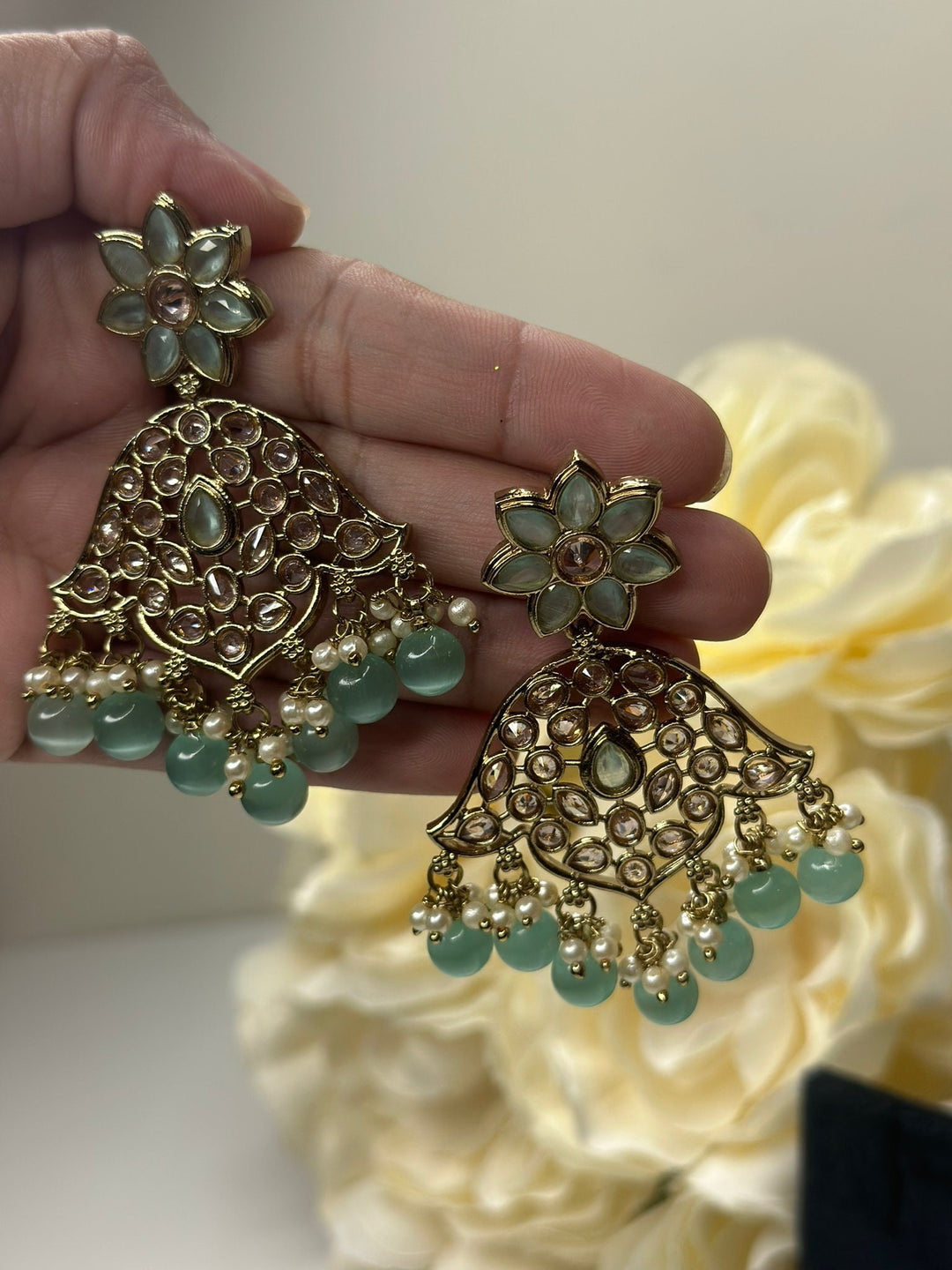 Izhaar Indian Mint Color Polki Reverse AD Necklace with Earrings Tikka/ Wedding Jewelry/ Traditional Jewelry/Wedding/Reverse AD.