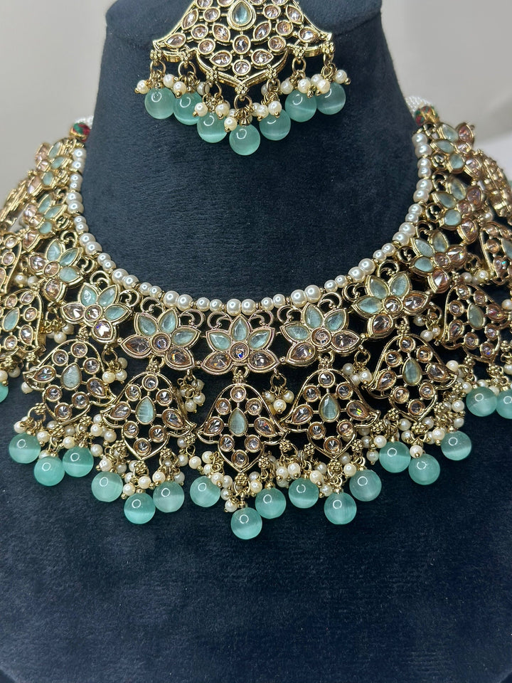 Izhaar Indian Mint Color Polki Reverse AD Necklace with Earrings Tikka/ Wedding Jewelry/ Traditional Jewelry/Wedding/Reverse AD.