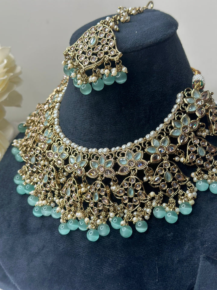 Izhaar Indian Mint Color Polki Reverse AD Necklace with Earrings Tikka/ Wedding Jewelry/ Traditional Jewelry/Wedding/Reverse AD.